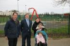 Justin Moylan (FF), Cllr Cormac Devlin, Lisa Grundy and her two children Lilly (1 1/2) & Molly (3) outside the temporarily closed Sallynoggin playground